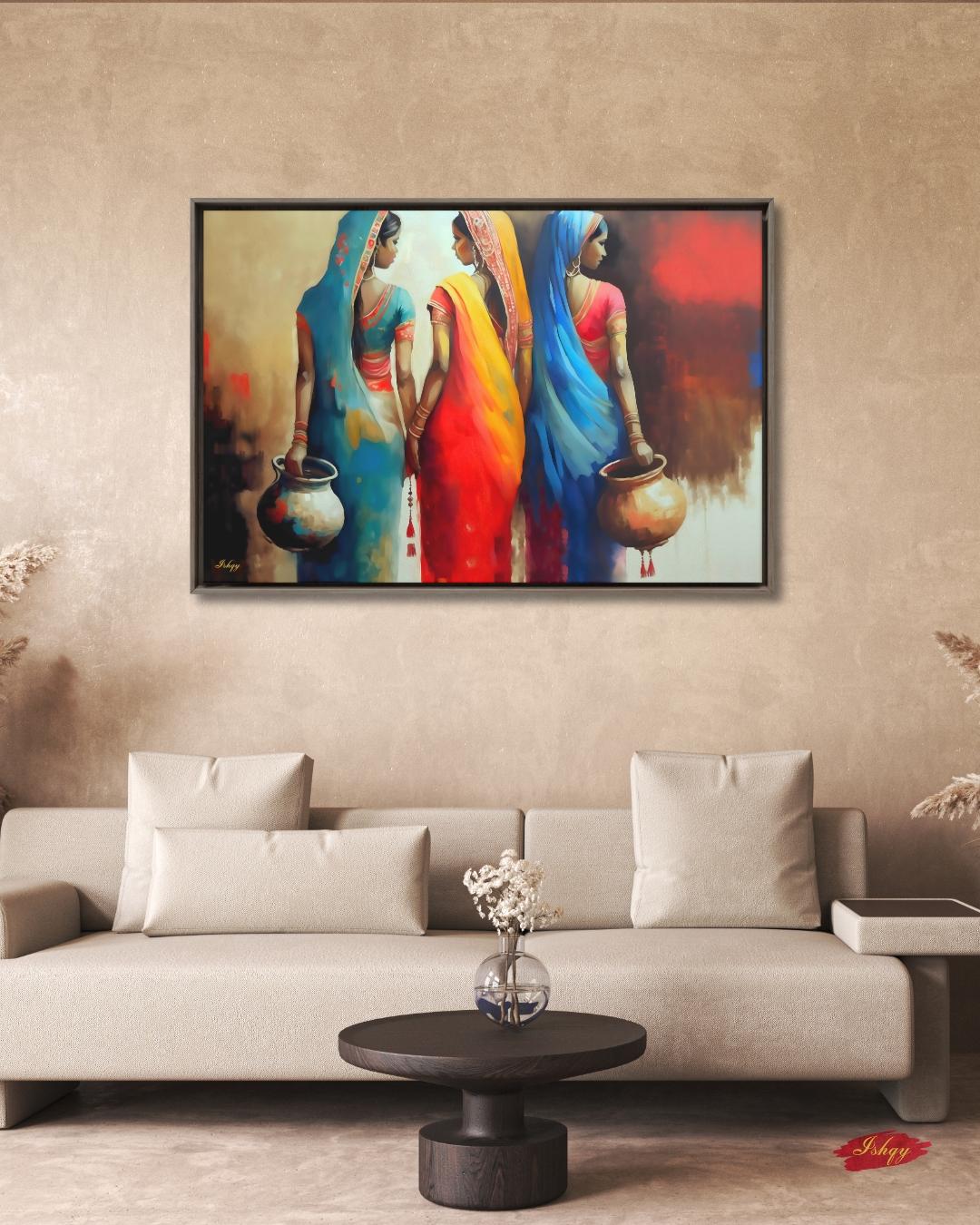 Rajasthani Women Wall Art, Indian Village Women in Colorful Sarees Canvas Painting, Ethnic Cultural Artwork for Boho Home and Office Decor