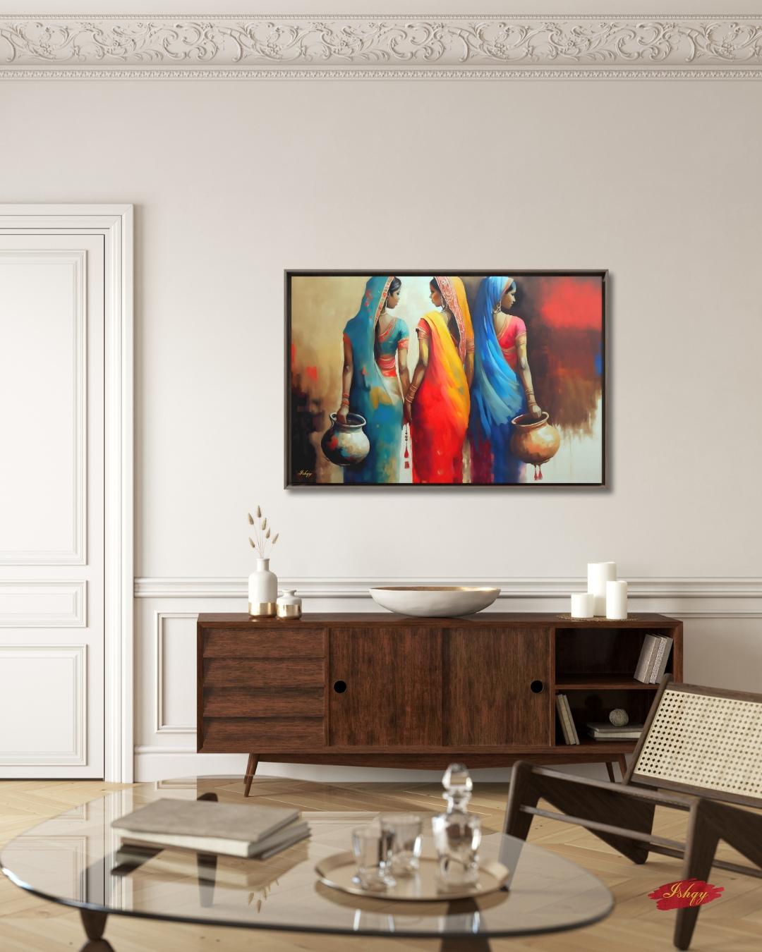 Rajasthani Women Wall Art, Indian Village Women in Colorful Sarees Canvas Painting, Ethnic Cultural Artwork for Boho Home and Office Decor