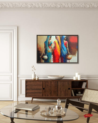 Rajasthani Women Wall Art, Indian Village Women in Colorful Sarees Canvas Painting, Ethnic Cultural Artwork for Boho Home and Office Decor