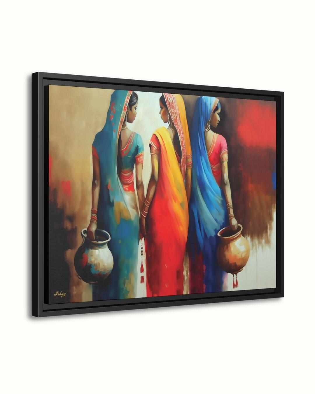 Rajasthani Women Wall Art, Indian Village Women in Colorful Sarees Canvas Painting, Ethnic Cultural Artwork for Boho Home and Office Decor