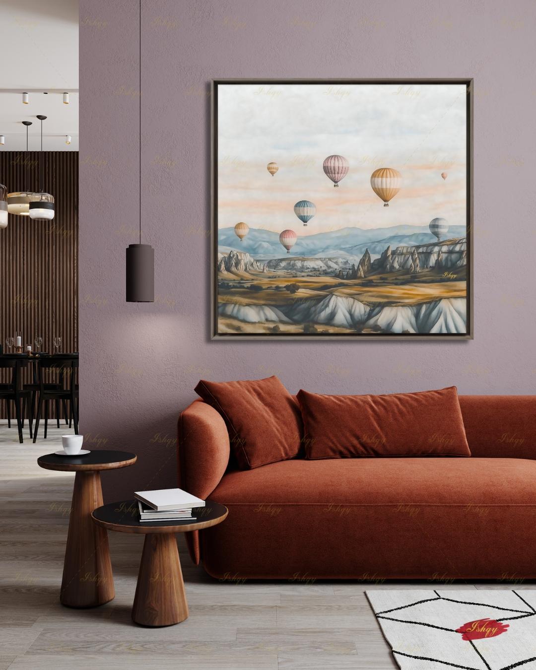Cappadocia Hot Air Balloon Canvas Wall Art, Turkey Travel Framed Canvas Print, Pastel Neutral Landscape Painting, Boho Living Room Decor. Cappadocia wall art, hot air balloon art, Turkey wall art, Turkey travel print, canvas wall art, art print, framed canvas print, neutral wall decor, pastel landscape, boho travel decor, living room wall art, bedroom wall decor, travel lover gift