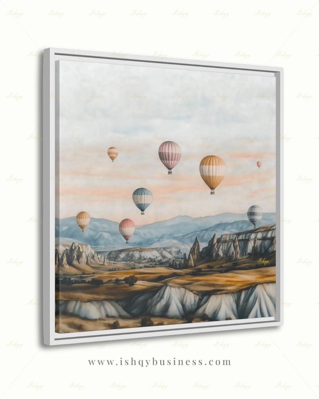 Cappadocia Hot Air Balloon Canvas Wall Art, Turkey Travel Framed Canvas Print, Pastel Neutral Landscape Painting, Boho Living Room Decor. Cappadocia wall art, hot air balloon art, Turkey wall art, Turkey travel print, canvas wall art, art print, framed canvas print, neutral wall decor, pastel landscape, boho travel decor, living room wall art, bedroom wall decor, travel lover gift