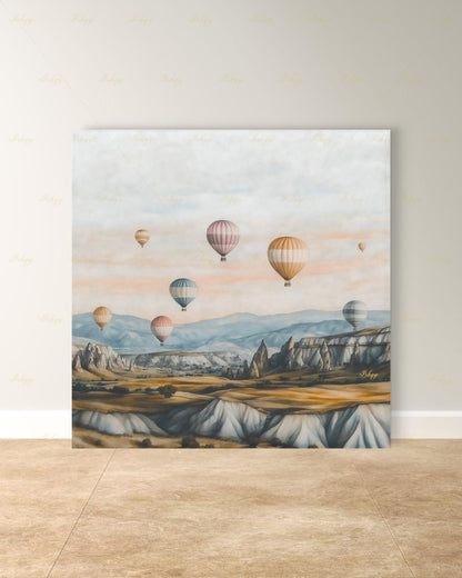 Cappadocia Hot Air Balloon Canvas Wall Art, Turkey Travel Framed Canvas Print, Pastel Neutral Landscape Painting, Boho Living Room Decor. Cappadocia wall art, hot air balloon art, Turkey wall art, Turkey travel print, canvas wall art, art print, framed canvas print, neutral wall decor, pastel landscape, boho travel decor, living room wall art, bedroom wall decor, travel lover gift