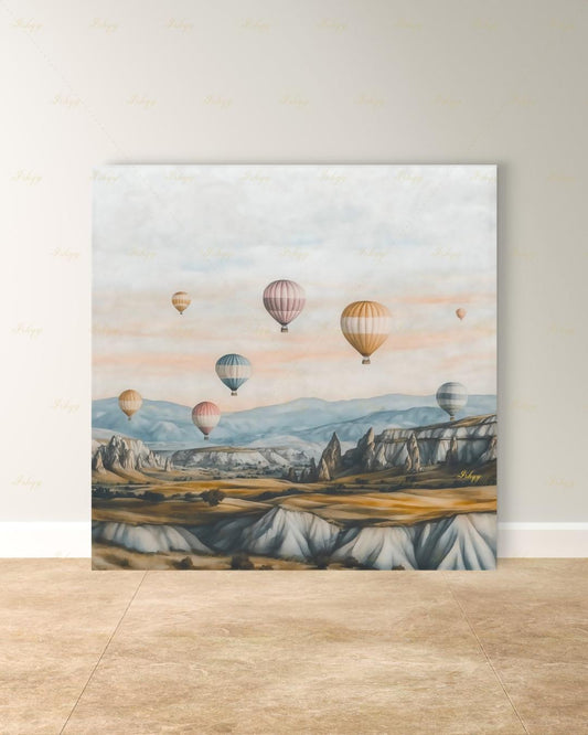 Cappadocia Hot Air Balloon Canvas Wall Art, Turkey Travel Framed Canvas Print, Pastel Neutral Landscape Painting, Boho Living Room Decor. Cappadocia wall art, hot air balloon art, Turkey wall art, Turkey travel print, canvas wall art, art print, framed canvas print, neutral wall decor, pastel landscape, boho travel decor, living room wall art, bedroom wall decor, travel lover gift