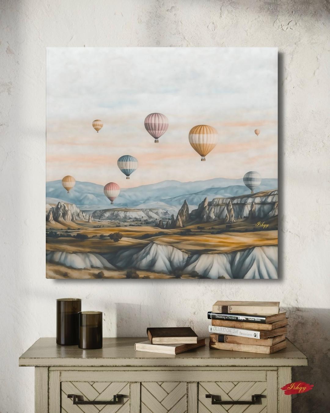 Hot Air Balloons Cappadocia Turkey Wall Art Print Canvas Framed Canvas Neutral Landscape Painting, Travel Decor for Bedroom Living Room Home