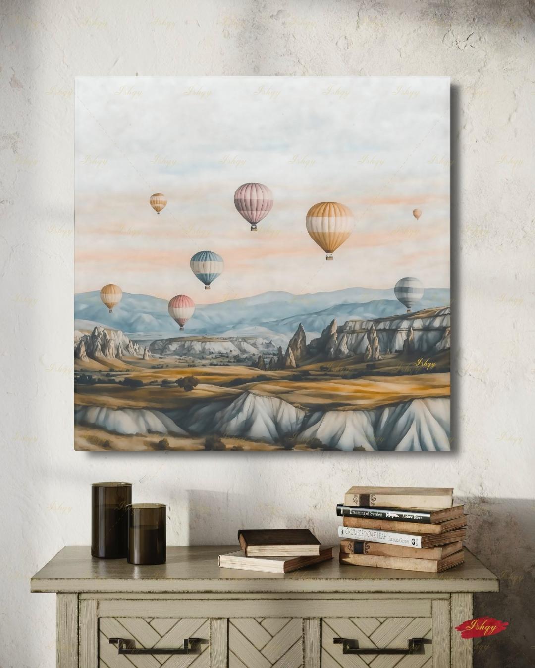 Cappadocia Hot Air Balloon Canvas Wall Art, Turkey Travel Framed Canvas Print, Pastel Neutral Landscape Painting, Boho Living Room Decor. Cappadocia wall art, hot air balloon art, Turkey wall art, Turkey travel print, canvas wall art, art print, framed canvas print, neutral wall decor, pastel landscape, boho travel decor, living room wall art, bedroom wall decor, travel lover gift
