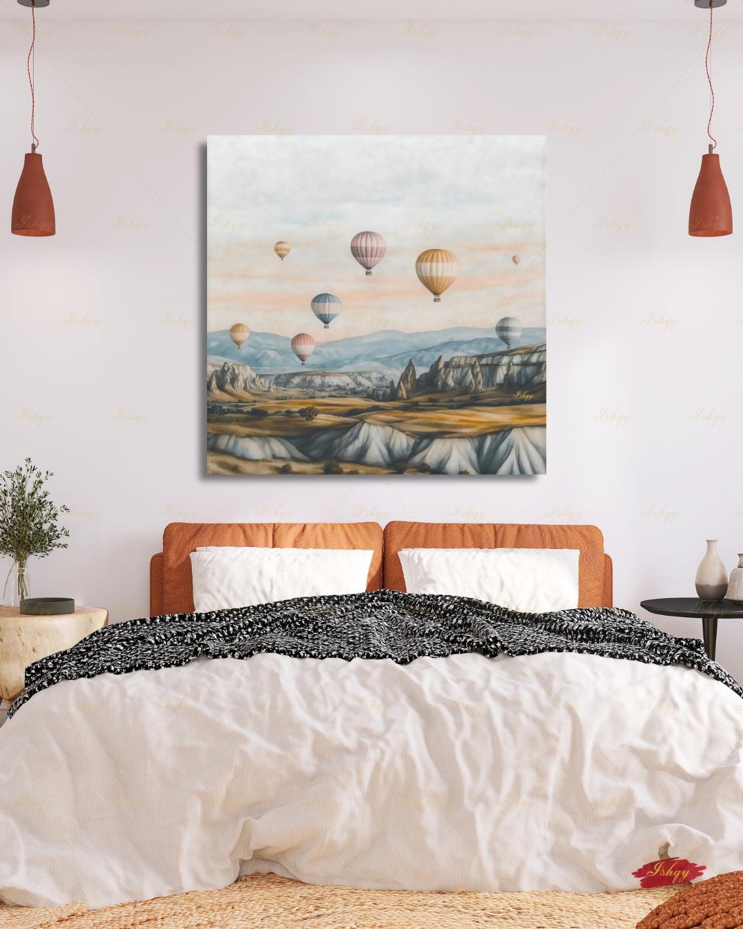 Cappadocia Hot Air Balloon Canvas Wall Art, Turkey Travel Framed Canvas Print, Pastel Neutral Landscape Painting, Boho Living Room Decor. Cappadocia wall art, hot air balloon art, Turkey wall art, Turkey travel print, canvas wall art, art print, framed canvas print, neutral wall decor, pastel landscape, boho travel decor, living room wall art, bedroom wall decor, travel lover gift