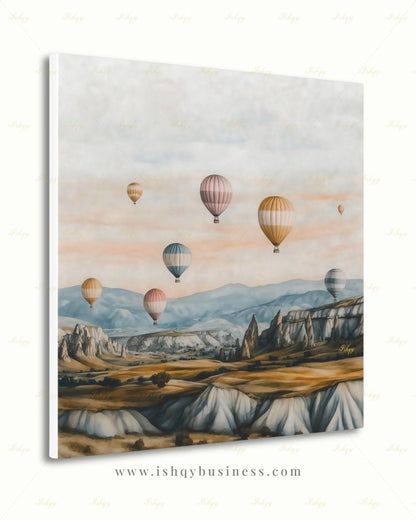 Cappadocia Hot Air Balloon Canvas Wall Art, Turkey Travel Framed Canvas Print, Pastel Neutral Landscape Painting, Boho Living Room Decor. Cappadocia wall art, hot air balloon art, Turkey wall art, Turkey travel print, canvas wall art, art print, framed canvas print, neutral wall decor, pastel landscape, boho travel decor, living room wall art, bedroom wall decor, travel lover gift