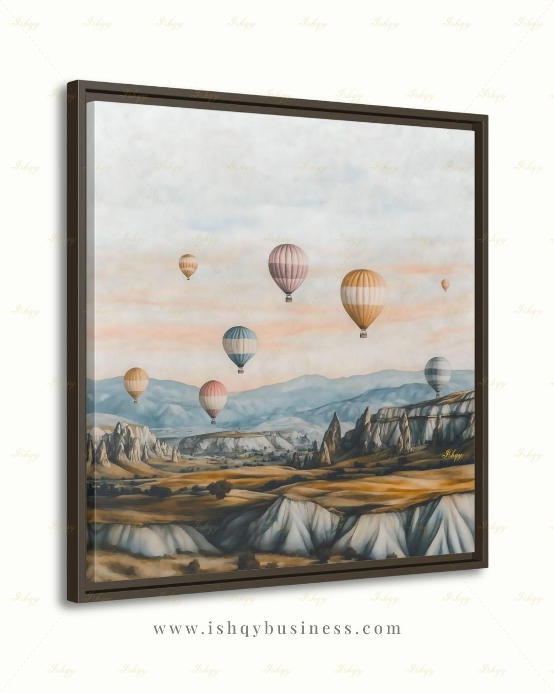 Cappadocia Hot Air Balloon Canvas Wall Art, Turkey Travel Framed Canvas Print, Pastel Neutral Landscape Painting, Boho Living Room Decor. Cappadocia wall art, hot air balloon art, Turkey wall art, Turkey travel print, canvas wall art, art print, framed canvas print, neutral wall decor, pastel landscape, boho travel decor, living room wall art, bedroom wall decor, travel lover gift