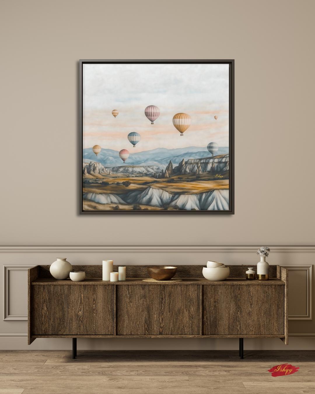 Hot Air Balloons Cappadocia Turkey Wall Art Print Canvas Framed Canvas Neutral Landscape Painting, Travel Decor for Bedroom Living Room Home