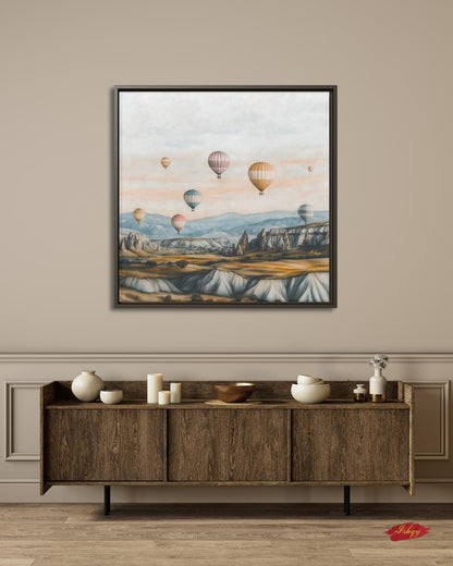 Hot Air Balloons Cappadocia Turkey Wall Art Print Canvas Framed Canvas Neutral Landscape Painting, Travel Decor for Bedroom Living Room Home