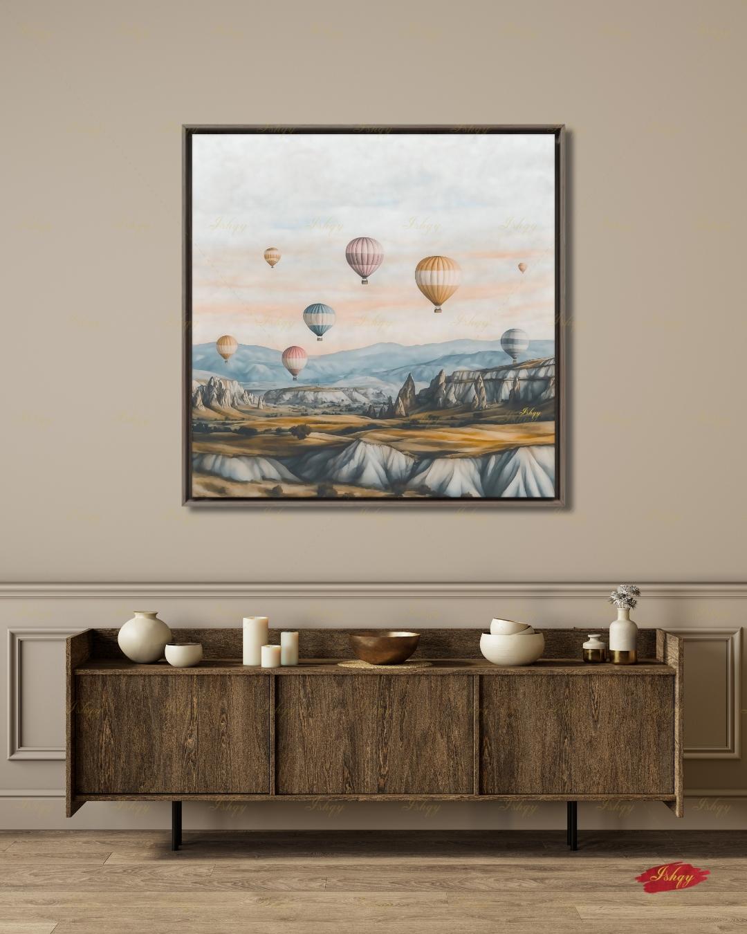 Cappadocia Hot Air Balloon Canvas Wall Art, Turkey Travel Framed Canvas Print, Pastel Neutral Landscape Painting, Boho Living Room Decor. Cappadocia wall art, hot air balloon art, Turkey wall art, Turkey travel print, canvas wall art, art print, framed canvas print, neutral wall decor, pastel landscape, boho travel decor, living room wall art, bedroom wall decor, travel lover gift