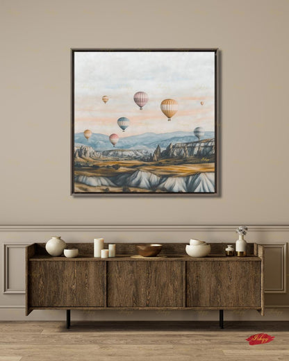 Cappadocia Hot Air Balloon Canvas Wall Art, Turkey Travel Framed Canvas Print, Pastel Neutral Landscape Painting, Boho Living Room Decor. Cappadocia wall art, hot air balloon art, Turkey wall art, Turkey travel print, canvas wall art, art print, framed canvas print, neutral wall decor, pastel landscape, boho travel decor, living room wall art, bedroom wall decor, travel lover gift