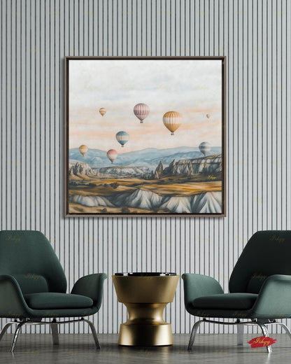 Cappadocia Hot Air Balloon Canvas Wall Art, Turkey Travel Framed Canvas Print, Pastel Neutral Landscape Painting, Boho Living Room Decor. Cappadocia wall art, hot air balloon art, Turkey wall art, Turkey travel print, canvas wall art, art print, framed canvas print, neutral wall decor, pastel landscape, boho travel decor, living room wall art, bedroom wall decor, travel lover gift