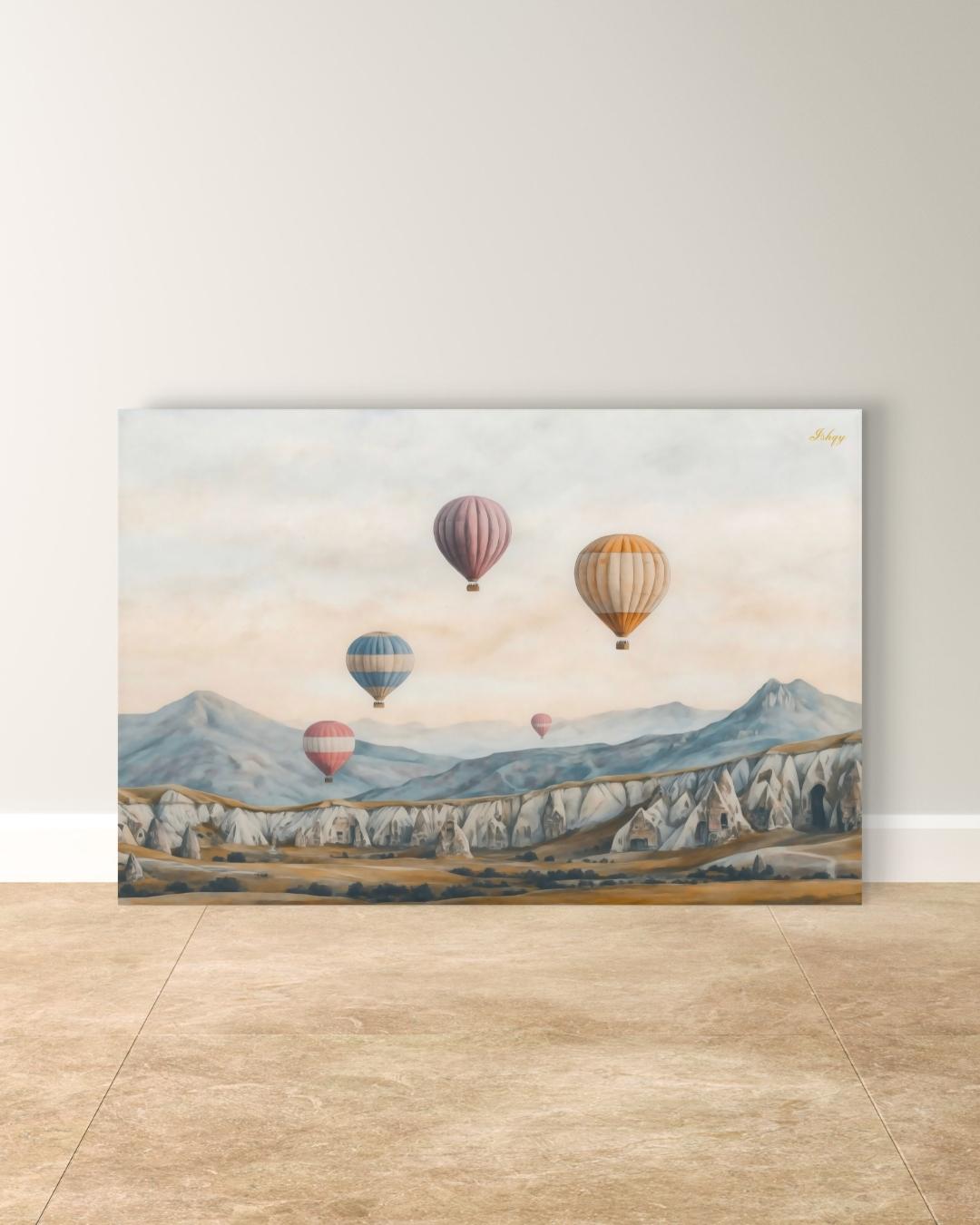 Cappadocia Hot Air Balloons Turkey Wall Art Print, Canvas, Framed Canvas, Neutral Landscape Travel Decor for Bedroom Living Room Office