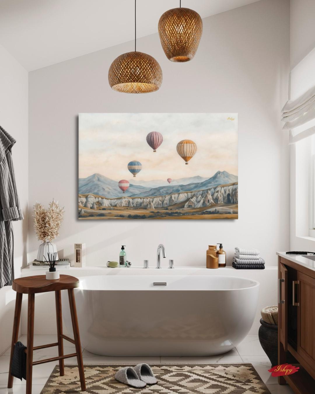 Cappadocia Hot Air Balloons Turkey Wall Art Print, Canvas, Framed Canvas, Neutral Landscape Travel Decor for Bedroom Living Room Office
