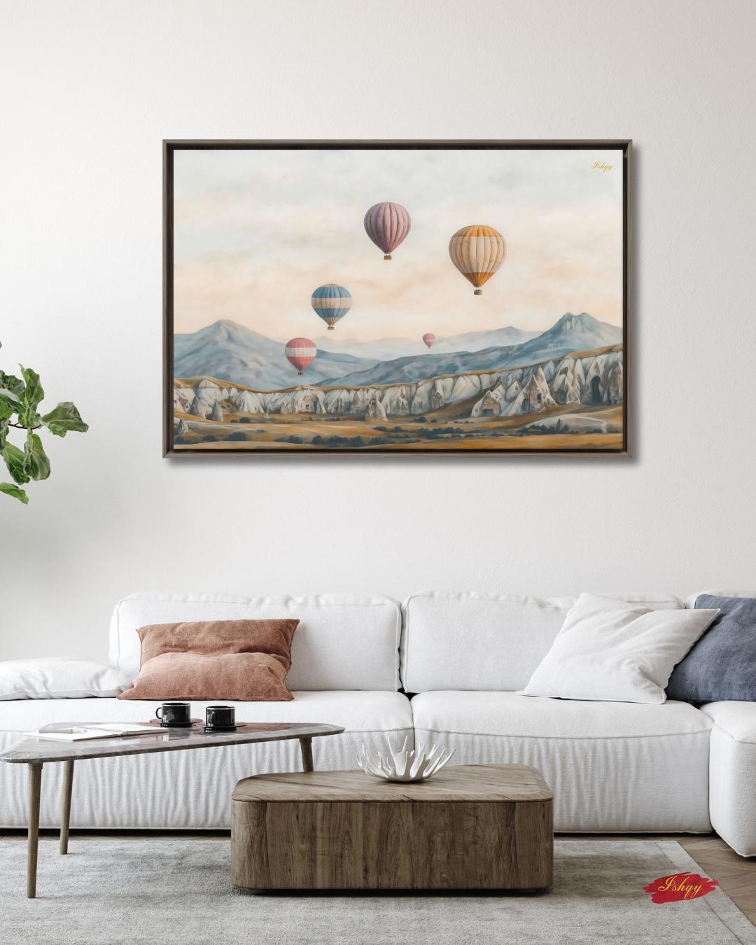 Cappadocia Hot Air Balloons Turkey Wall Art Print, Canvas, Framed Canvas, Neutral Landscape Travel Decor for Bedroom Living Room Office