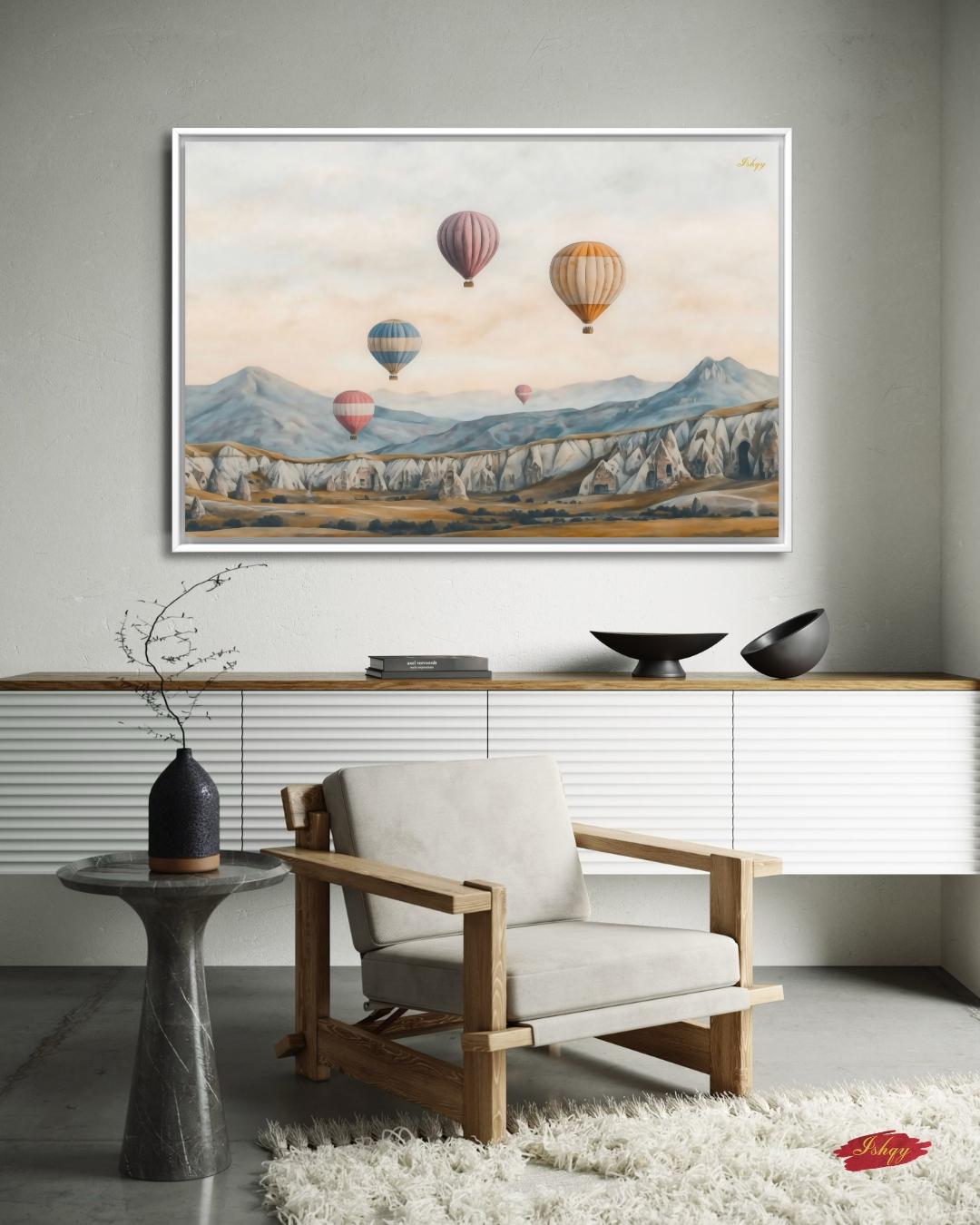 Cappadocia Hot Air Balloons Turkey Wall Art Print, Canvas, Framed Canvas, Neutral Landscape Travel Decor for Bedroom Living Room Office