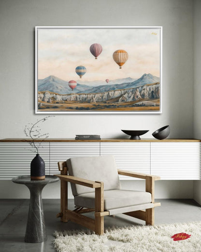 Cappadocia Hot Air Balloons Turkey Wall Art Print, Canvas, Framed Canvas, Neutral Landscape Travel Decor for Bedroom Living Room Office