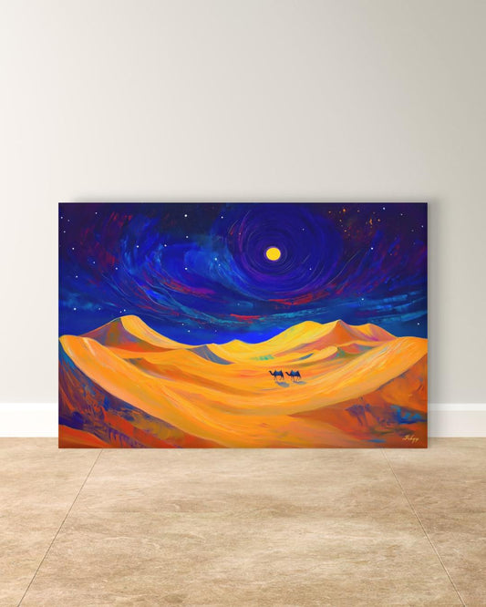 Desert Night Camel Painting, Sahara Moon Landscape Art, Moroccan Wall Decor, Midnight Desert Canvas, Travel Inspired Home Art