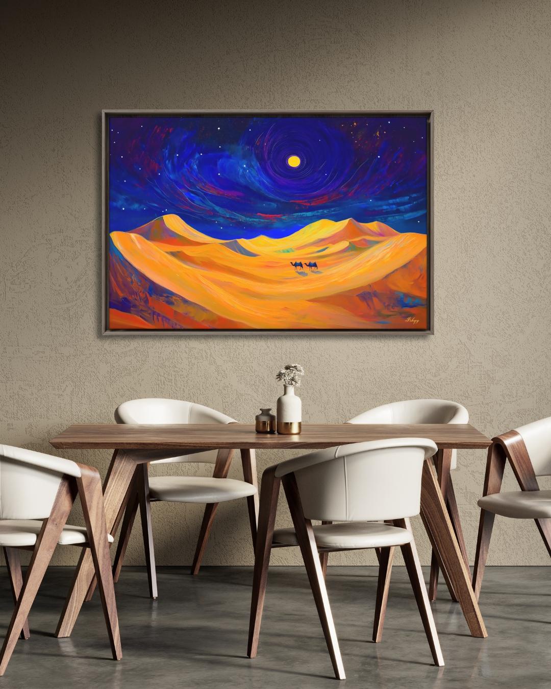 Desert Night Camel Painting, Sahara Moon Landscape Art, Moroccan Wall Decor, Midnight Desert Canvas, Travel Inspired Home Art
