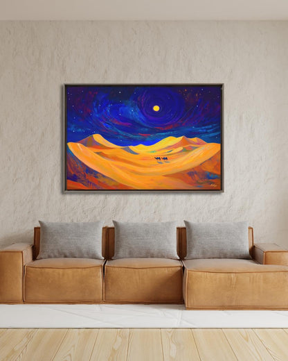 Desert Night Camel Painting, Sahara Moon Landscape Art, Moroccan Wall Decor, Midnight Desert Canvas, Travel Inspired Home Art