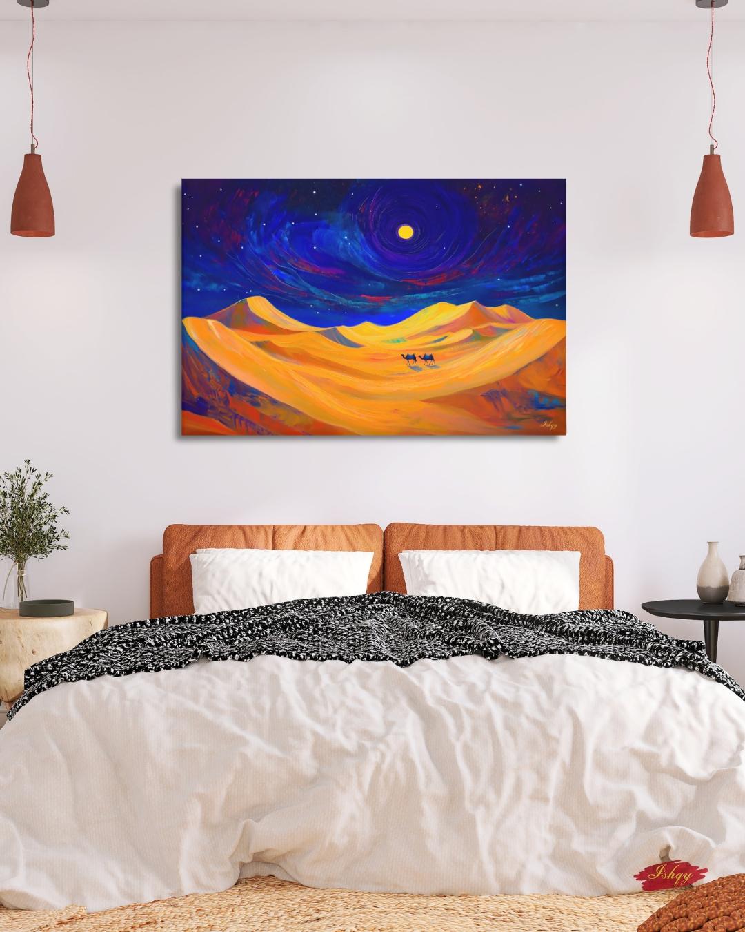 Desert Night Camel Painting, Sahara Moon Landscape Art, Moroccan Wall Decor, Midnight Desert Canvas, Travel Inspired Home Art