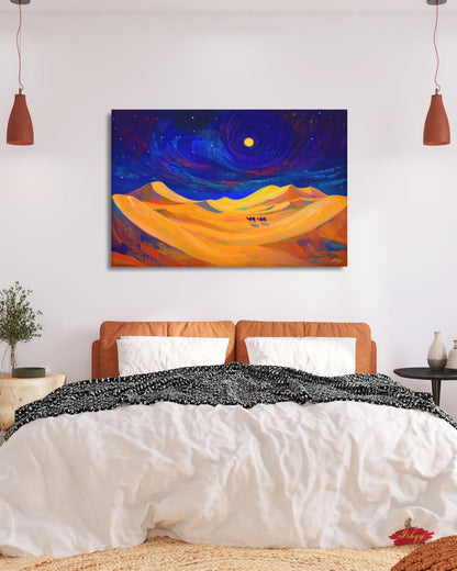 Desert Night Camel Painting, Sahara Moon Landscape Art, Moroccan Wall Decor, Midnight Desert Canvas, Travel Inspired Home Art