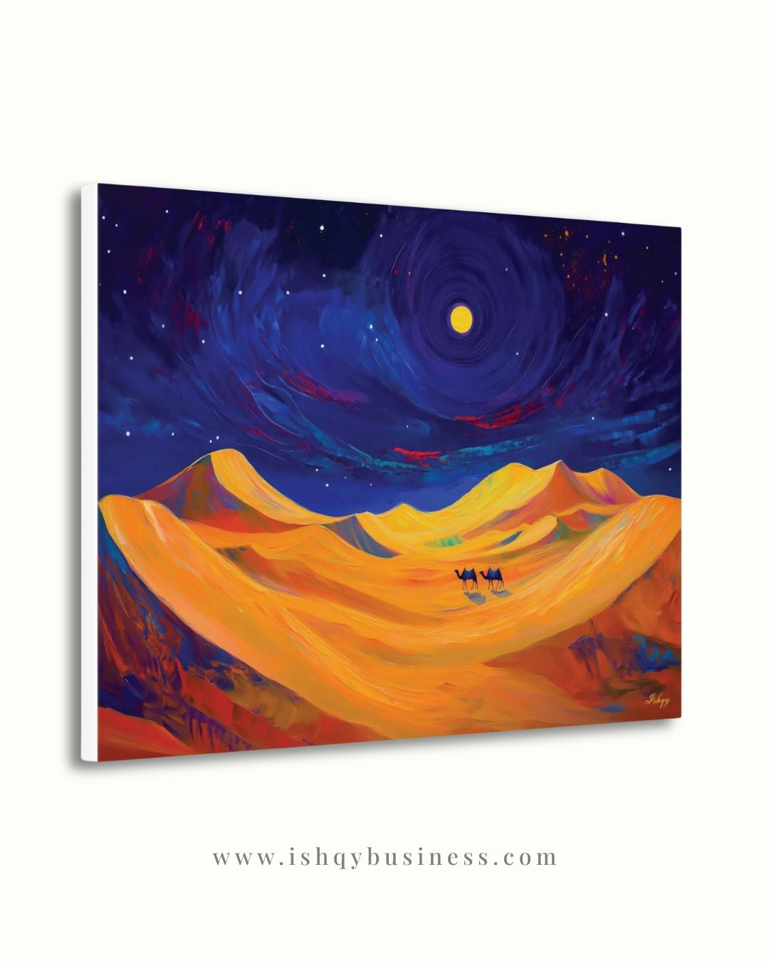Desert Night Camel Painting, Sahara Moon Landscape Art, Moroccan Wall Decor, Midnight Desert Canvas, Travel Inspired Home Art