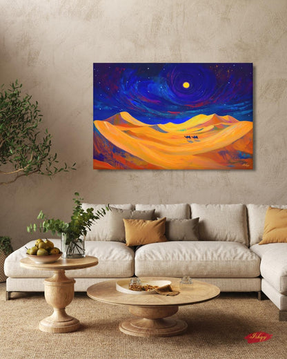 Desert Night Camel Painting, Sahara Moon Landscape Art, Moroccan Wall Decor, Midnight Desert Canvas, Travel Inspired Home Art