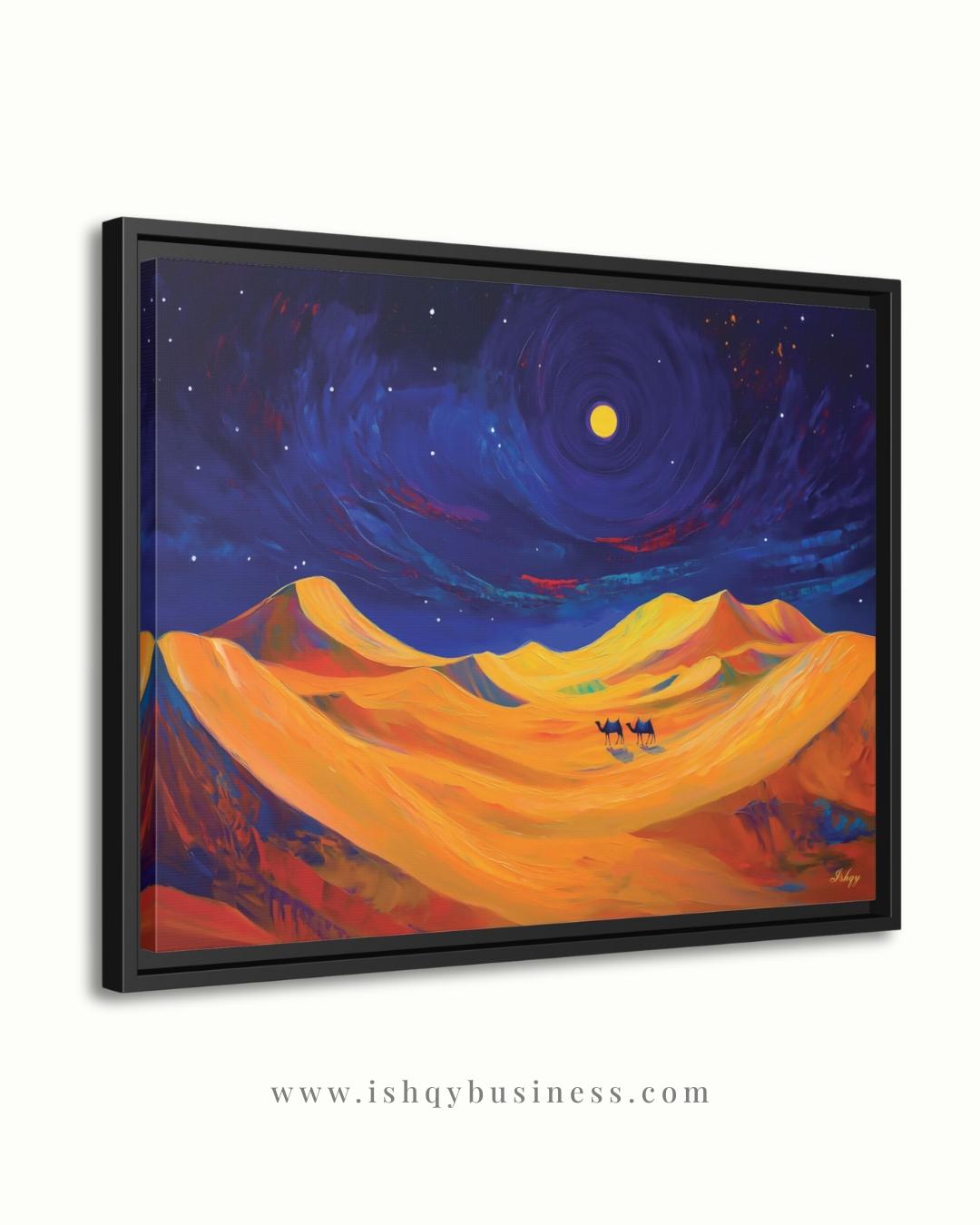 Desert Night Camel Painting, Sahara Moon Landscape Art, Moroccan Wall Decor, Midnight Desert Canvas, Travel Inspired Home Art