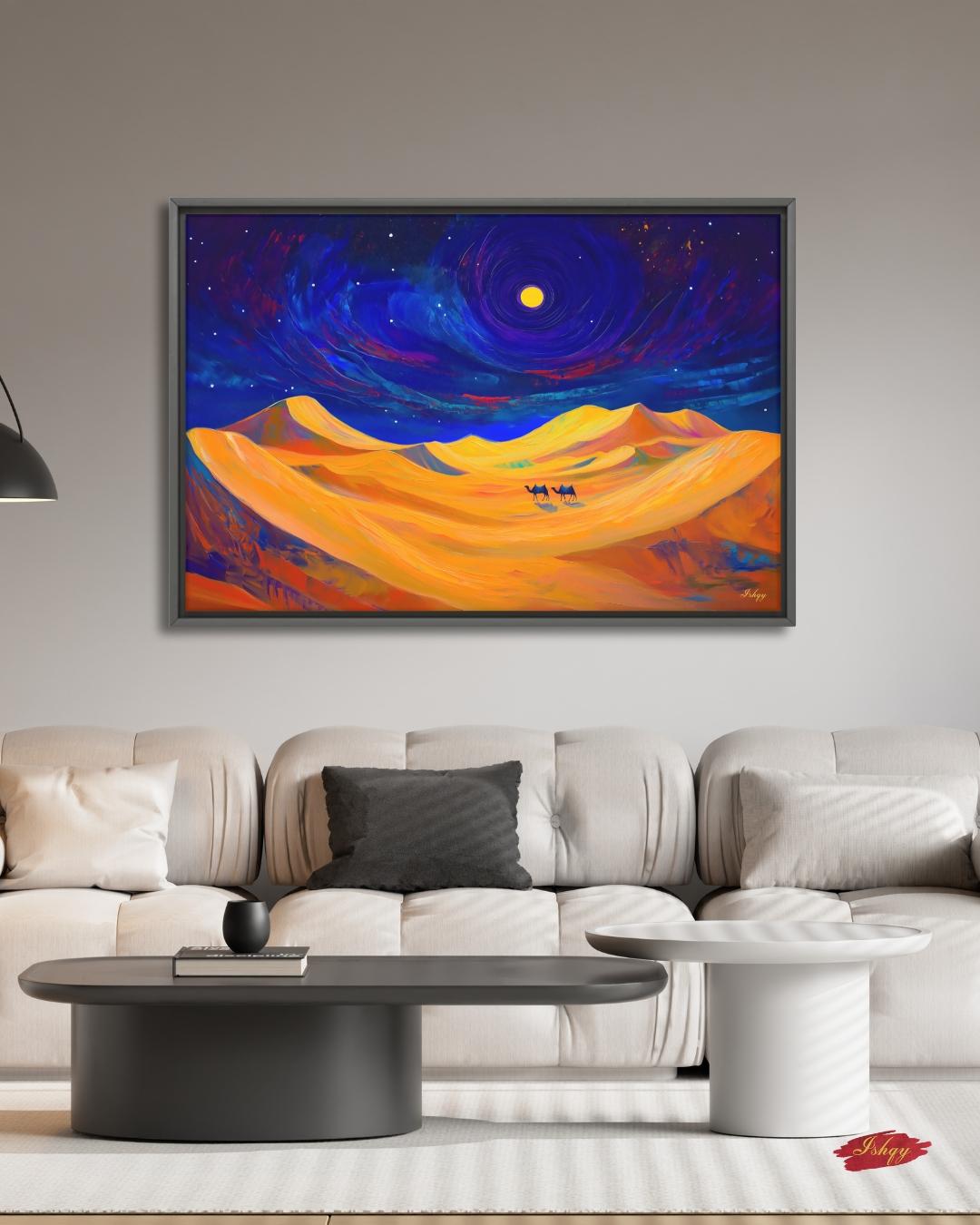 Desert Night Camel Painting, Sahara Moon Landscape Art, Moroccan Wall Decor, Midnight Desert Canvas, Travel Inspired Home Art