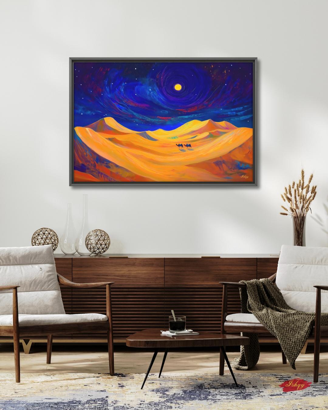 Desert Night Camel Painting, Sahara Moon Landscape Art, Moroccan Wall Decor, Midnight Desert Canvas, Travel Inspired Home Art