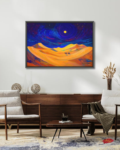Desert Night Camel Painting, Sahara Moon Landscape Art, Moroccan Wall Decor, Midnight Desert Canvas, Travel Inspired Home Art