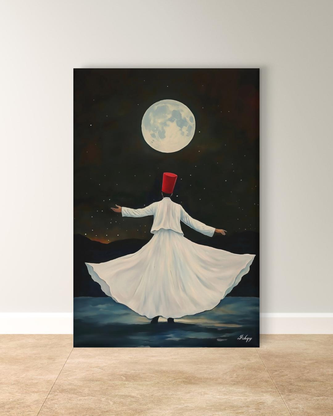 Whirling Dervish Wall Art Sufi Dance Canvas Rumi Inspired Moonlit Painting Spiritual Islamic Art Meditation Home Decor