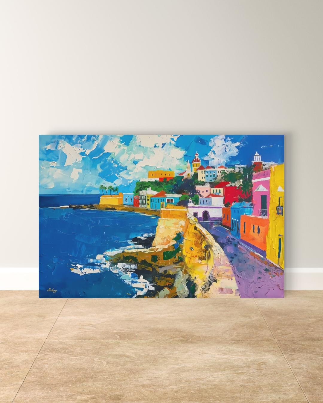 San Juan Puerto Rico Wall Art Print, Canvas, Framed Canvas, Old San Juan Colorful Coastal Cityscape Painting, Caribbean Travel Home Decor