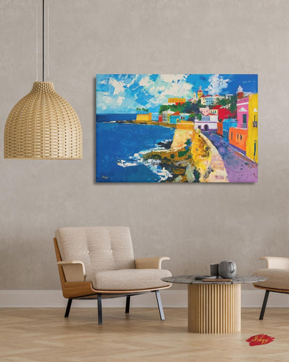 San Juan Puerto Rico Wall Art Print, Canvas, Framed Canvas, Old San Juan Colorful Coastal Cityscape Painting, Caribbean Travel Home Decor