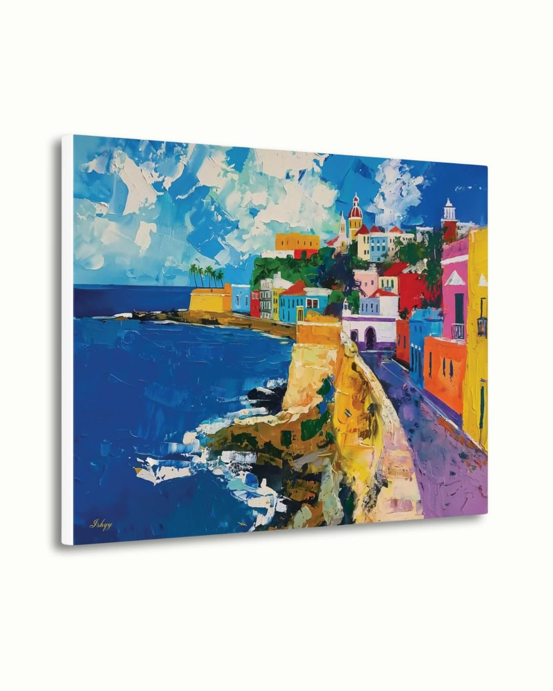 San Juan Puerto Rico Wall Art Print, Canvas, Framed Canvas, Old San Juan Colorful Coastal Cityscape Painting, Caribbean Travel Home Decor