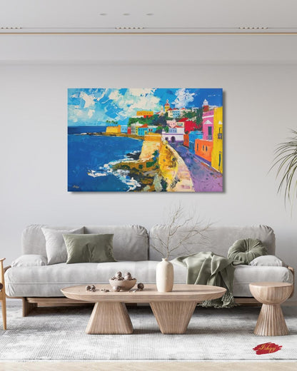 San Juan Puerto Rico Wall Art Print, Canvas, Framed Canvas, Old San Juan Colorful Coastal Cityscape Painting, Caribbean Travel Home Decor