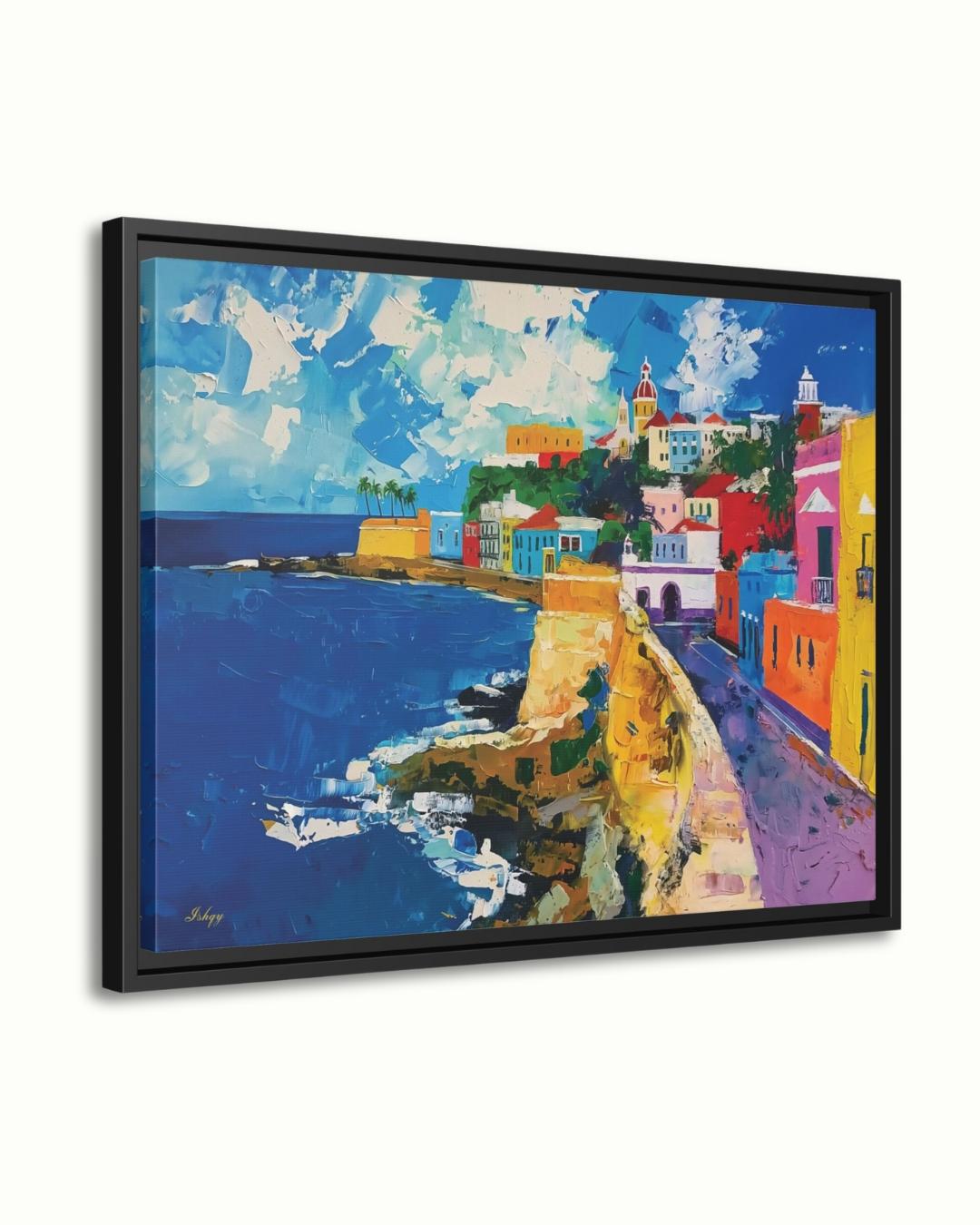San Juan Puerto Rico Wall Art Print, Canvas, Framed Canvas, Old San Juan Colorful Coastal Cityscape Painting, Caribbean Travel Home Decor