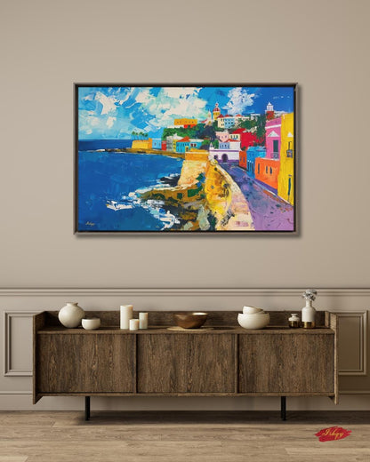 San Juan Puerto Rico Wall Art Print, Canvas, Framed Canvas, Old San Juan Colorful Coastal Cityscape Painting, Caribbean Travel Home Decor