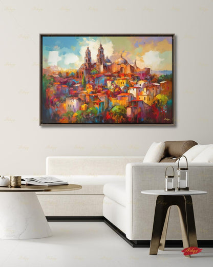 San Miguel de Allende Canvas Wall Art, Colorful Mexico Parroquia Framed Canvas Print, Mexican Colonial Cityscape Painting, Living Room Decor