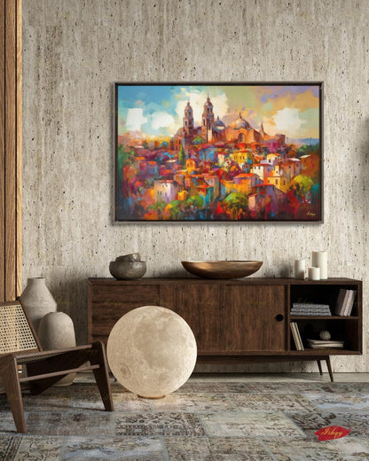 San Miguel de Allende Canvas Wall Art, Colorful Mexico Parroquia Framed Canvas Print, Mexican Colonial Cityscape Painting, Living Room Decor