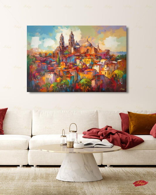 San Miguel de Allende Canvas Wall Art, Colorful Mexico Parroquia Framed Canvas Print, Mexican Colonial Cityscape Painting, Living Room Decor