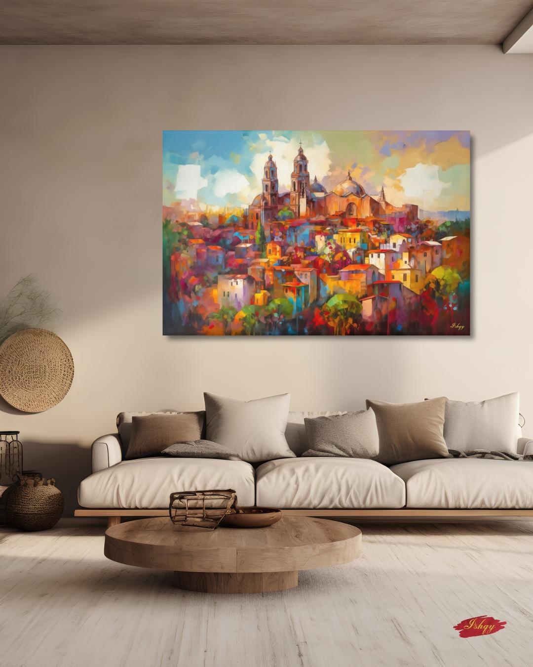 San Miguel de Allende Mexico Wall Art Print, Canvas, Framed Canvas, Colorful Colonial Cityscape Painting, Mexico Home Decor for Living Room