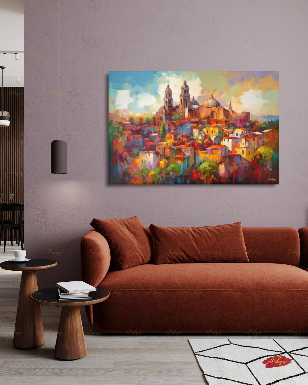 San Miguel de Allende Canvas Wall Art, Colorful Mexico Parroquia Framed Canvas Print, Mexican Colonial Cityscape Painting, Living Room Decor