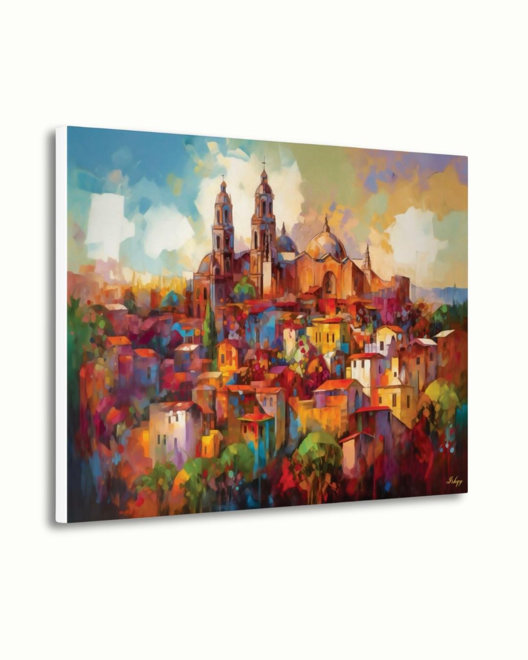 San Miguel de Allende Mexico Wall Art Print, Canvas, Framed Canvas, Colorful Colonial Cityscape Painting, Mexico Home Decor for Living Room