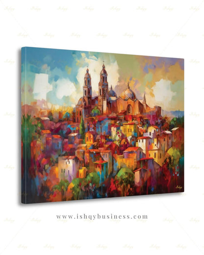 San Miguel de Allende Canvas Wall Art, Colorful Mexico Parroquia Framed Canvas Print, Mexican Colonial Cityscape Painting, Living Room Decor