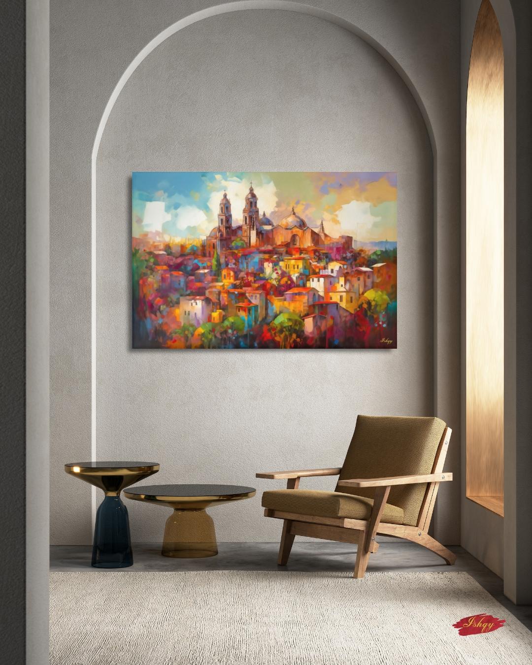 San Miguel de Allende Mexico Wall Art Print, Canvas, Framed Canvas, Colorful Colonial Cityscape Painting, Mexico Home Decor for Living Room