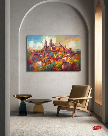 San Miguel de Allende Mexico Wall Art Print, Canvas, Framed Canvas, Colorful Colonial Cityscape Painting, Mexico Home Decor for Living Room